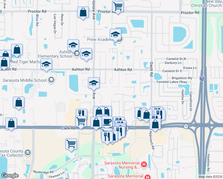 map of restaurants, bars, coffee shops, grocery stores, and more near 5397 Colony Meadows Lane in Sarasota