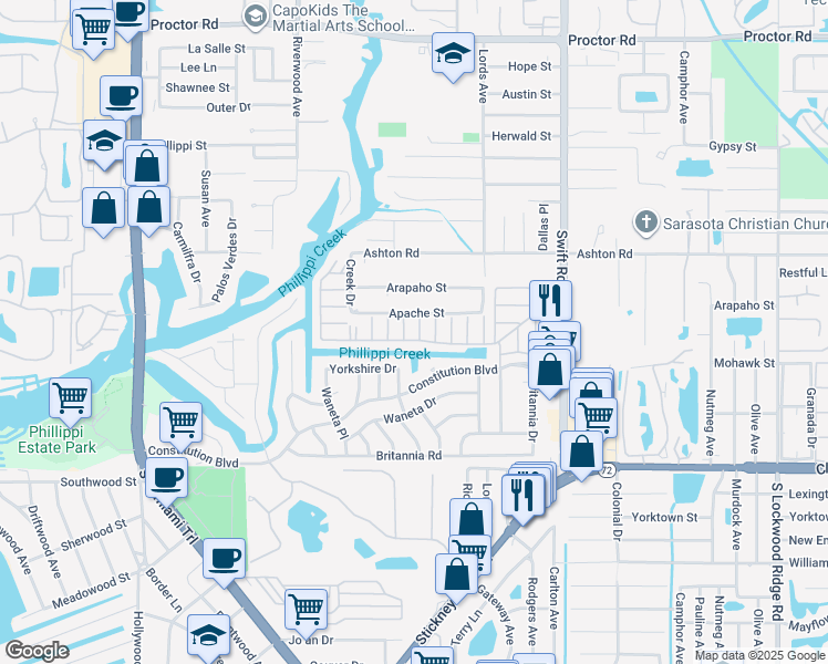 map of restaurants, bars, coffee shops, grocery stores, and more near 2527 Apache Street in Sarasota