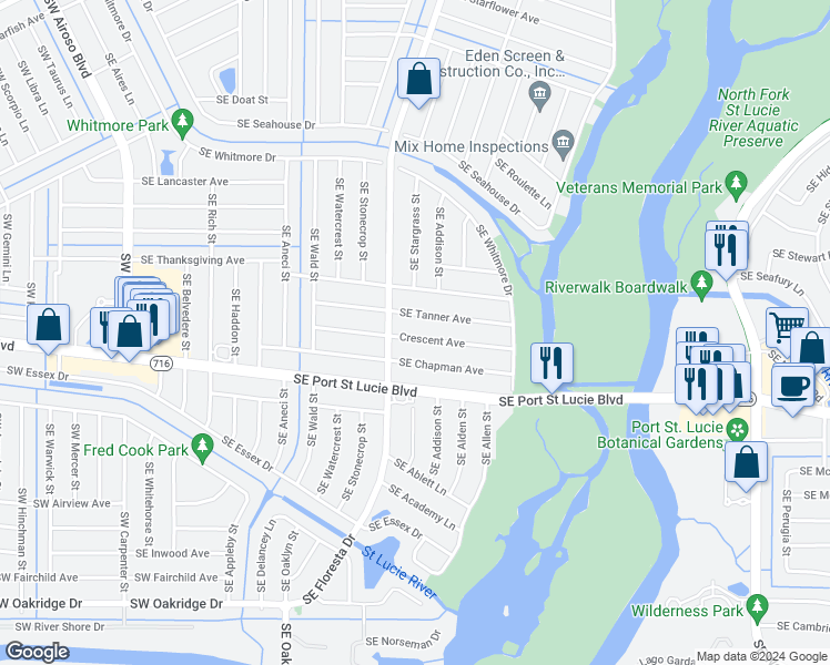 map of restaurants, bars, coffee shops, grocery stores, and more near 619 Crescent Avenue in Port St. Lucie