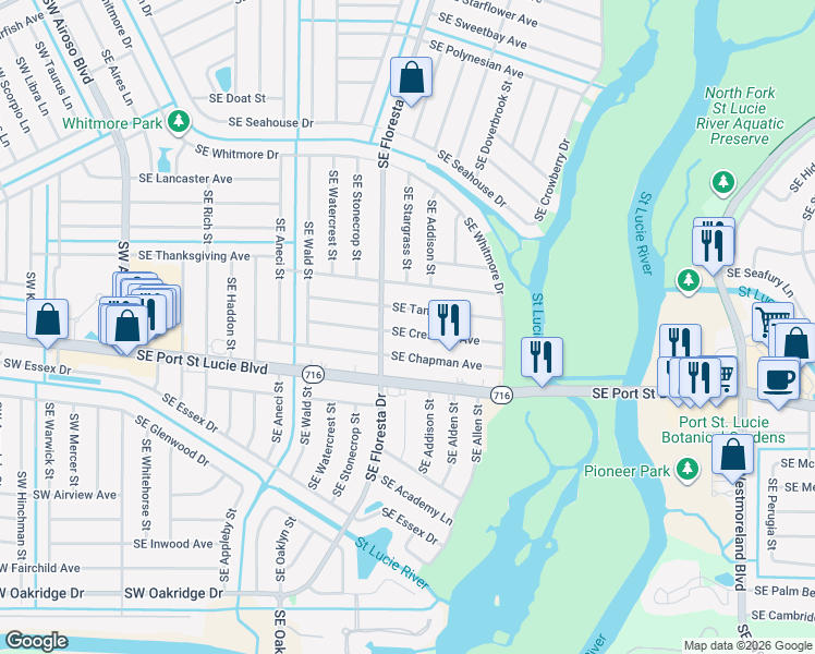 map of restaurants, bars, coffee shops, grocery stores, and more near 619 Crescent Avenue in Port St. Lucie