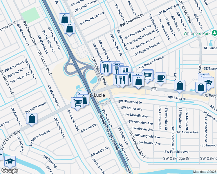 map of restaurants, bars, coffee shops, grocery stores, and more near Southwest Port Saint Lucie Boulevard & Southwest Bayshore Boulevard in Port Saint Lucie