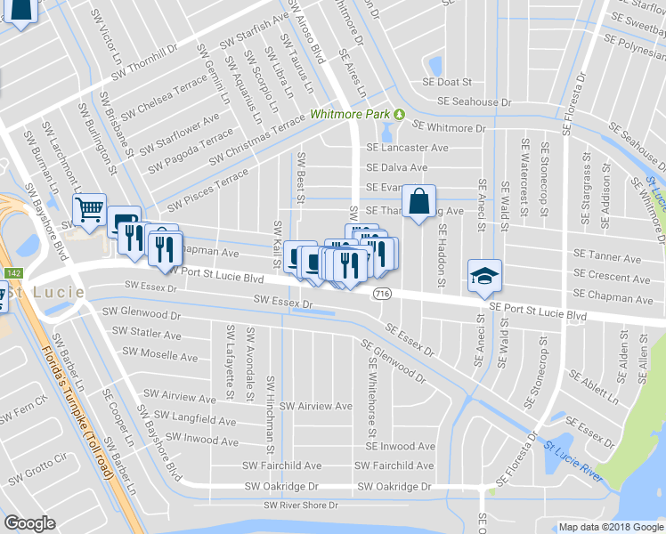 map of restaurants, bars, coffee shops, grocery stores, and more near 121 Southwest Port Saint Lucie Boulevard in Port Saint Lucie