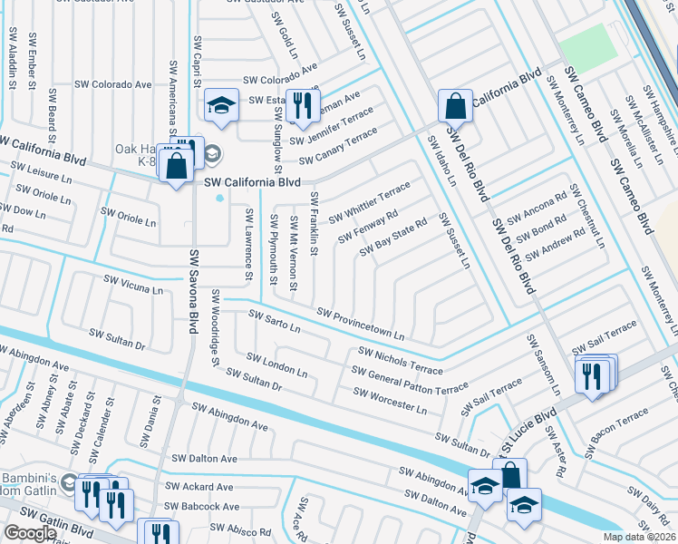 map of restaurants, bars, coffee shops, grocery stores, and more near 1038 Southwest Fenway Road in Port St. Lucie