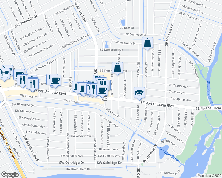map of restaurants, bars, coffee shops, grocery stores, and more near 2274 Southeast Belvedere Street in Port St Lucie