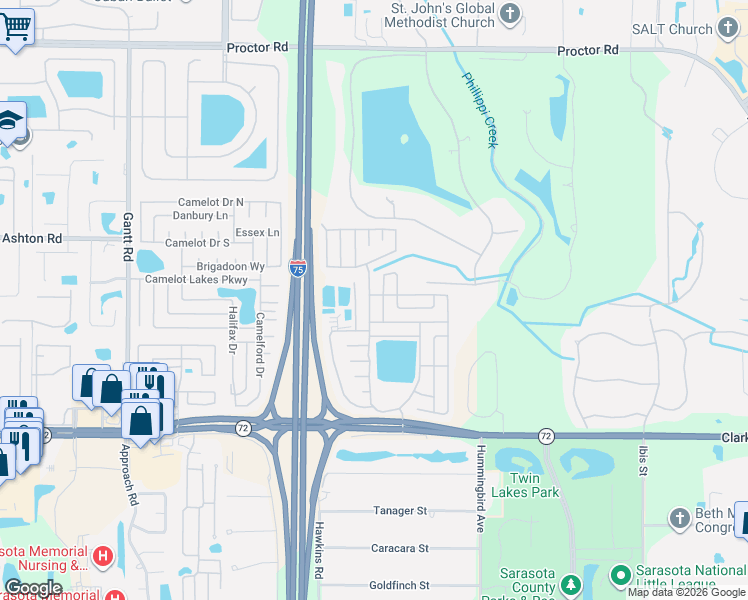 map of restaurants, bars, coffee shops, grocery stores, and more near 5444 Kingsbridge Drive in Sarasota