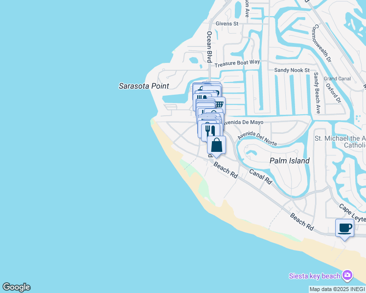 map of restaurants, bars, coffee shops, grocery stores, and more near 128 Avenida Veneccia in Siesta Key