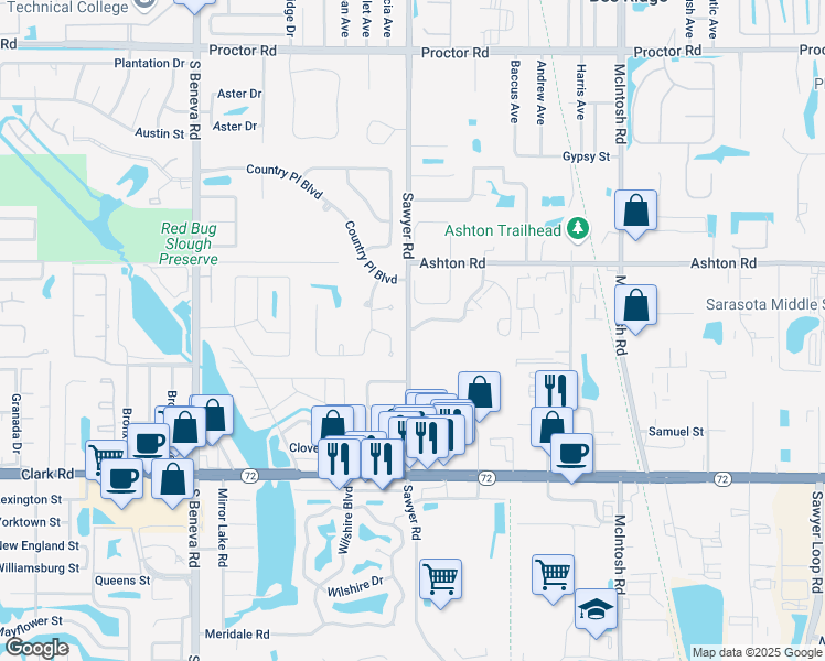map of restaurants, bars, coffee shops, grocery stores, and more near 5401 Sawyer Road in Sarasota