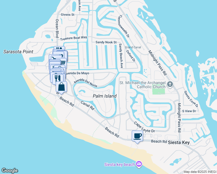 map of restaurants, bars, coffee shops, grocery stores, and more near 130 Island Circle in Siesta Key