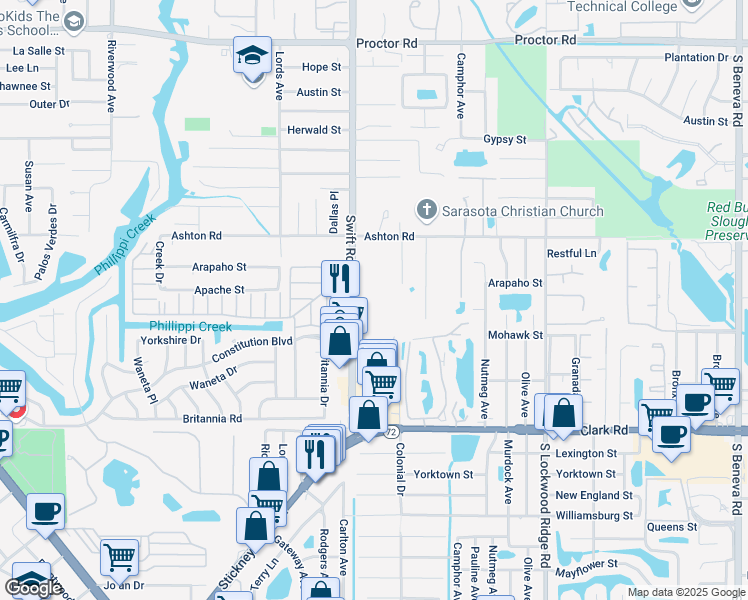 map of restaurants, bars, coffee shops, grocery stores, and more near 5501 Swift Road in Sarasota