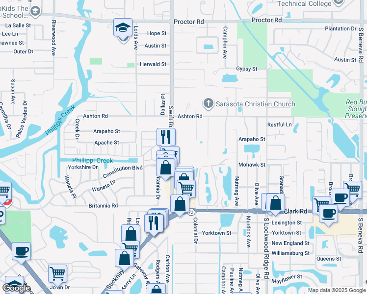 map of restaurants, bars, coffee shops, grocery stores, and more near 5501 Swift Road in Sarasota