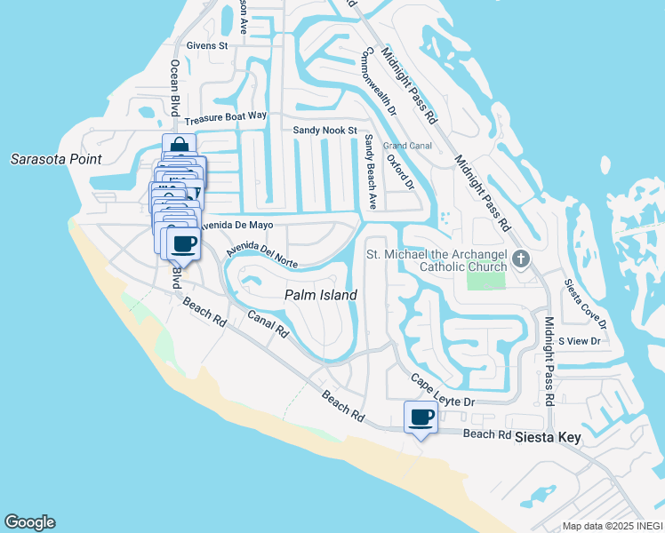 map of restaurants, bars, coffee shops, grocery stores, and more near 130 Island Circle in Siesta Key
