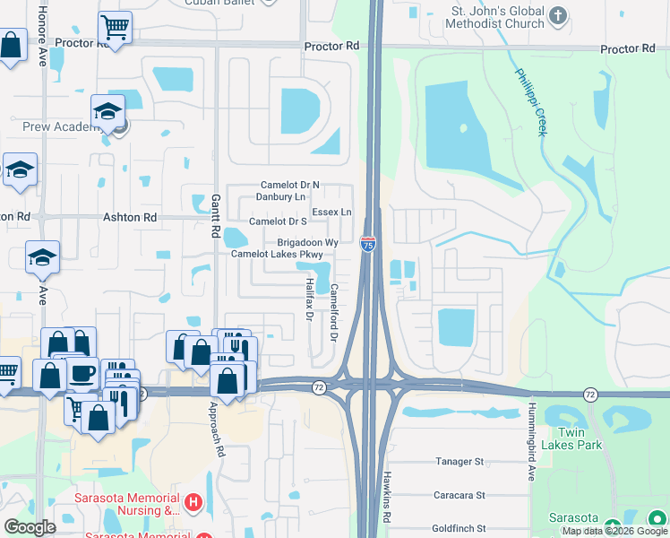 map of restaurants, bars, coffee shops, grocery stores, and more near 5664 Camelford Drive in Sarasota