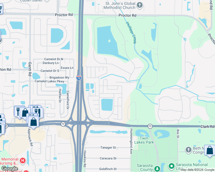 map of restaurants, bars, coffee shops, grocery stores, and more near 6450 Ravenglass Way in Sarasota