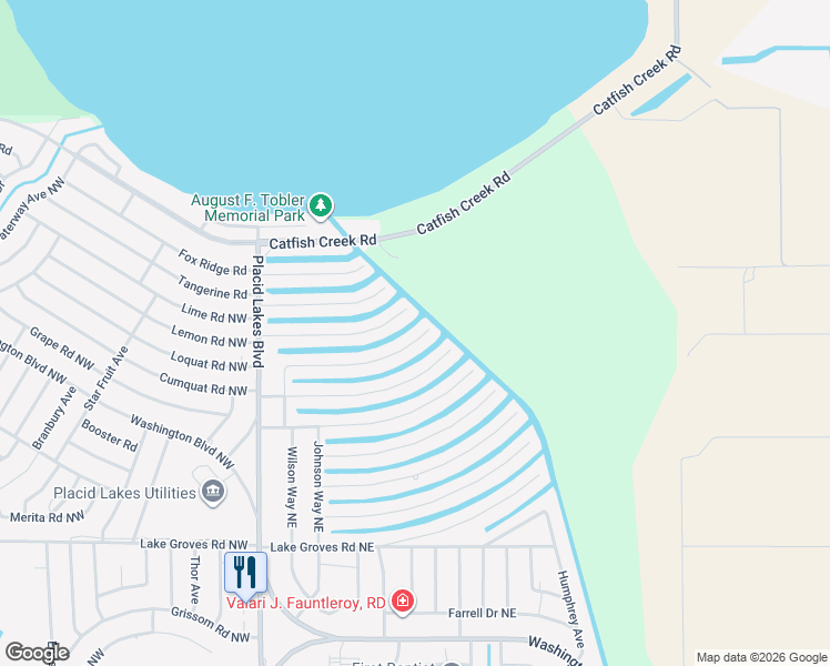 map of restaurants, bars, coffee shops, grocery stores, and more near 154 Loquat Road Northeast in Lake Placid