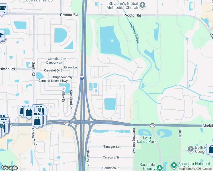 map of restaurants, bars, coffee shops, grocery stores, and more near 6368 Wakefield Lane in Sarasota