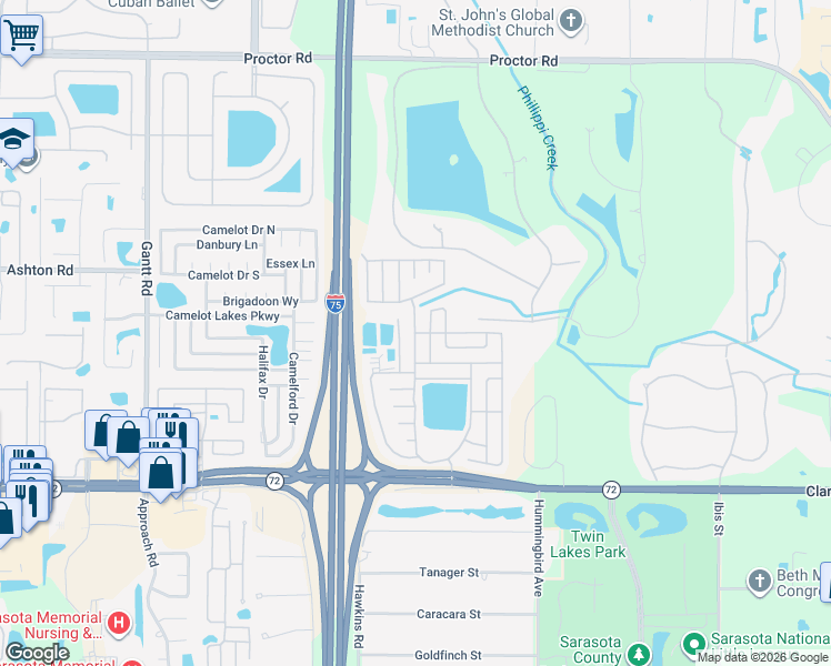 map of restaurants, bars, coffee shops, grocery stores, and more near 5444 Kingsbridge Drive in Sarasota
