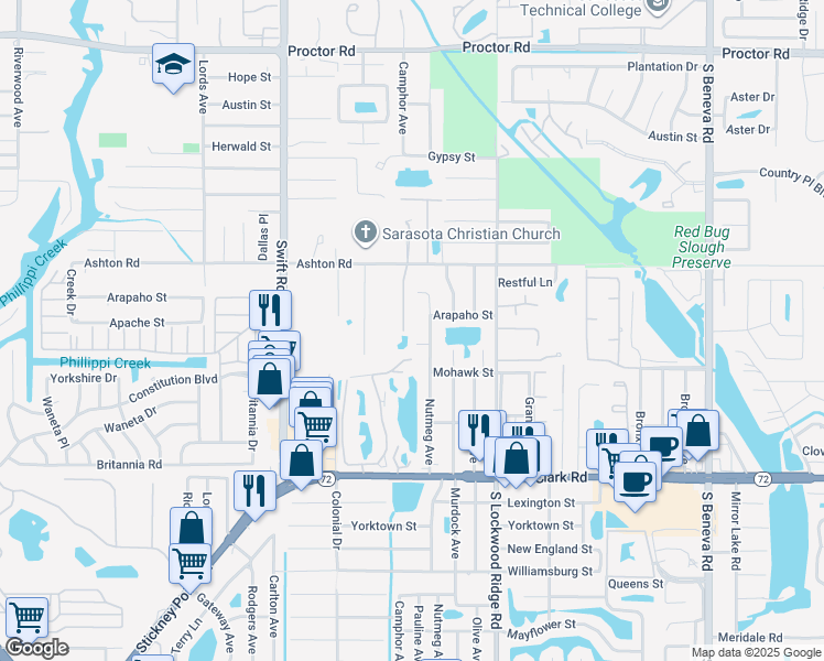 map of restaurants, bars, coffee shops, grocery stores, and more near 5425 Matthew Court in Sarasota