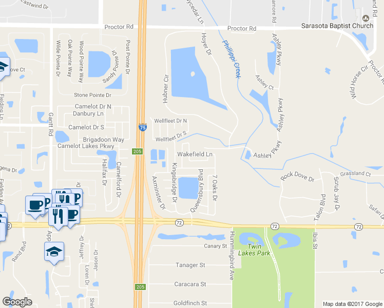 map of restaurants, bars, coffee shops, grocery stores, and more near 6419 Wakefield Lane in Sarasota