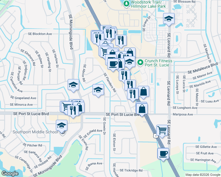 map of restaurants, bars, coffee shops, grocery stores, and more near 2252 Southeast Flanders Road in Port St. Lucie