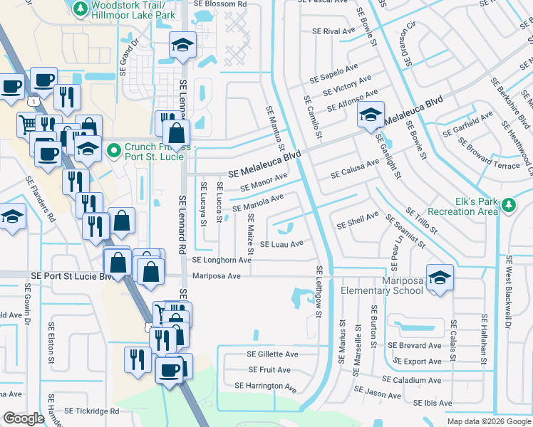 map of restaurants, bars, coffee shops, grocery stores, and more near 2337 Southeast Maniton Terrace in Port St. Lucie