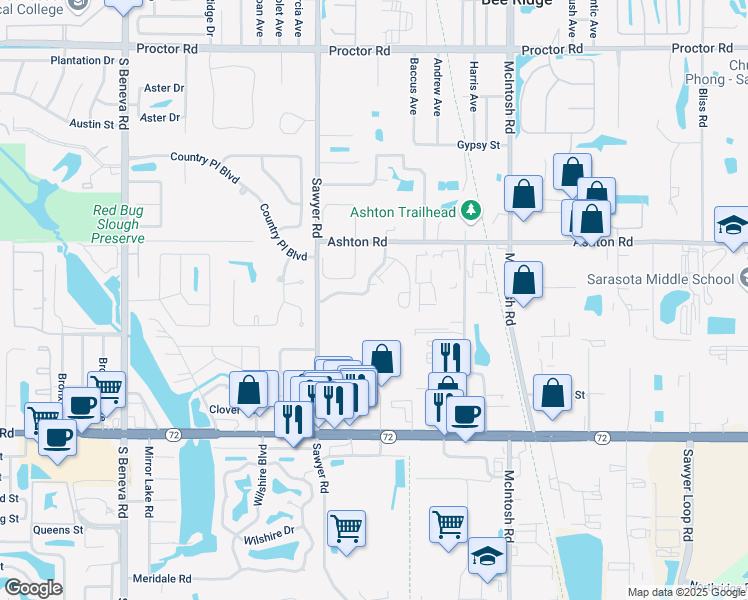 map of restaurants, bars, coffee shops, grocery stores, and more near 5401 Sawyer Rd in Sarasota