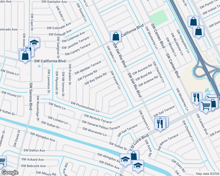 map of restaurants, bars, coffee shops, grocery stores, and more near 834 Southwest Commonwealth Road in Port St. Lucie
