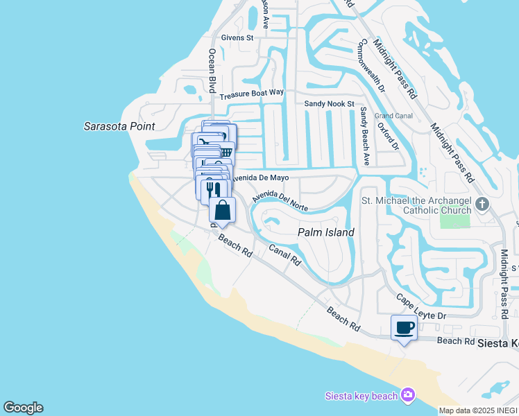 map of restaurants, bars, coffee shops, grocery stores, and more near 268 Island Circle in Siesta Key