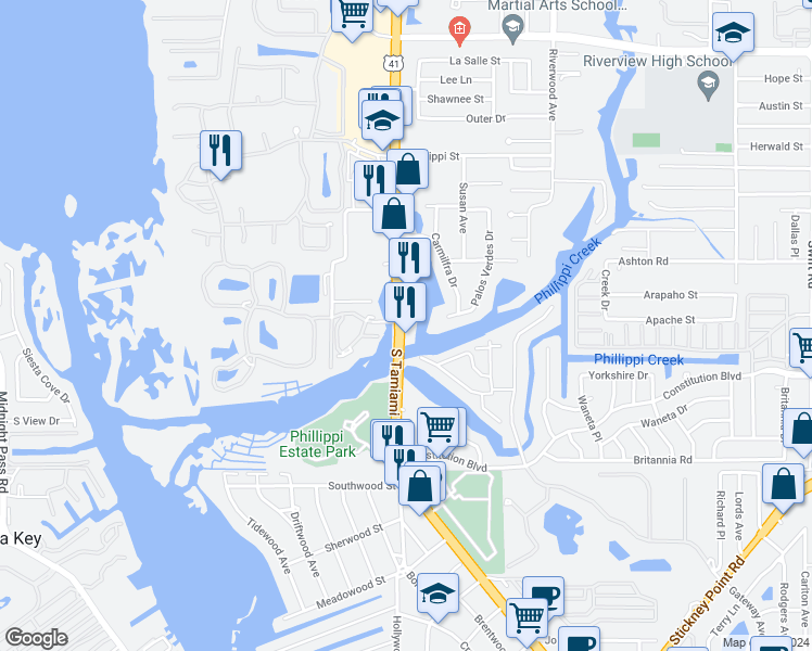 map of restaurants, bars, coffee shops, grocery stores, and more near 5663 Monte Carlo Drive in Sarasota