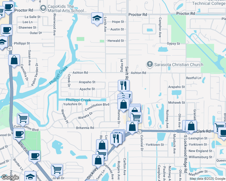 map of restaurants, bars, coffee shops, grocery stores, and more near 5459 Riverbluff Circle in Sarasota