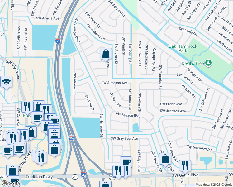 map of restaurants, bars, coffee shops, grocery stores, and more near 2242 Southwest Natema Road in Port St. Lucie