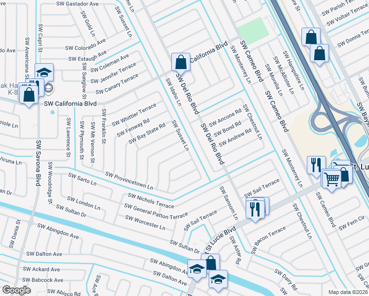 map of restaurants, bars, coffee shops, grocery stores, and more near 801 Southwest Harvard Road in Port St. Lucie