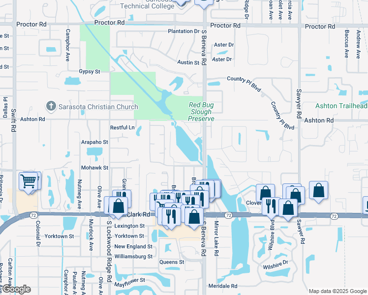 map of restaurants, bars, coffee shops, grocery stores, and more near 3435 Fox Run Road in Sarasota