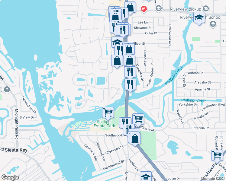 map of restaurants, bars, coffee shops, grocery stores, and more near 5591 Cannes Circle in Sarasota