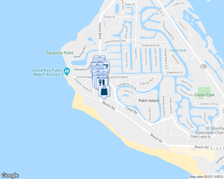 map of restaurants, bars, coffee shops, grocery stores, and more near 5235 Calle Menorca in Siesta Key
