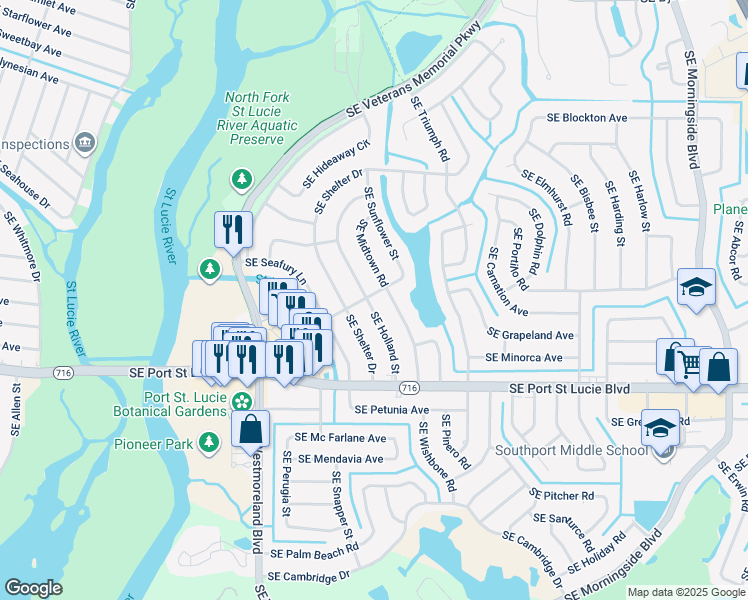 map of restaurants, bars, coffee shops, grocery stores, and more near 1258 Southeast Rickenbacker Terrace in Port St. Lucie