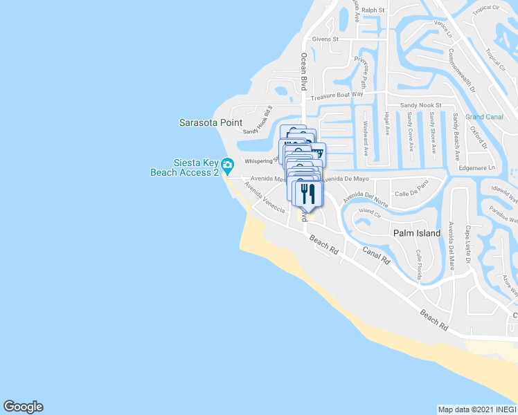 map of restaurants, bars, coffee shops, grocery stores, and more near 105 Beach Road in Sarasota