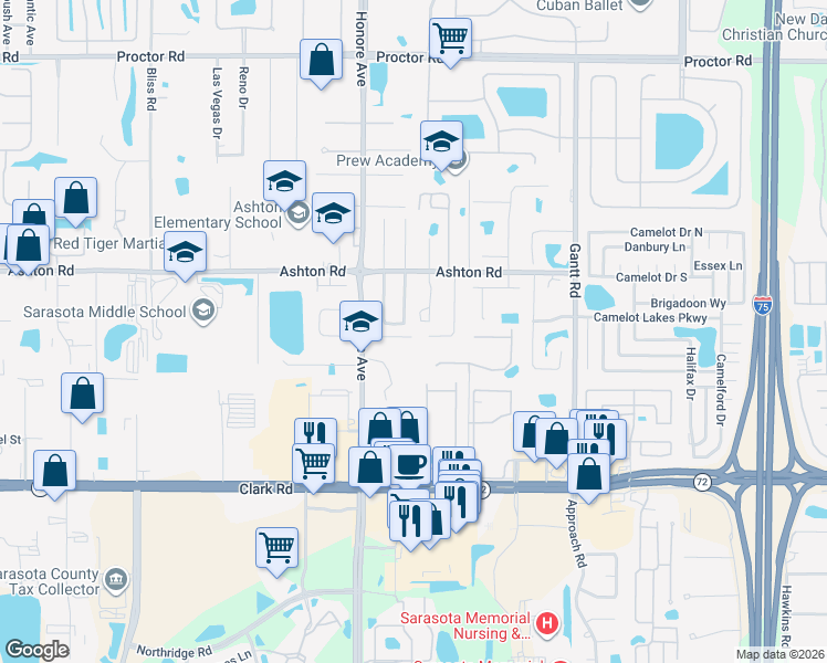 map of restaurants, bars, coffee shops, grocery stores, and more near 5397 Colony Meadows Ln in Sarasota