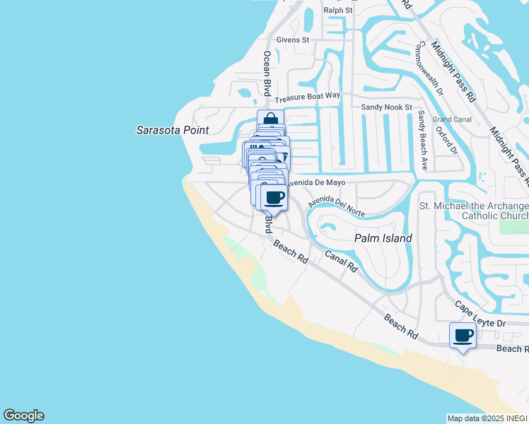 map of restaurants, bars, coffee shops, grocery stores, and more near 5246 Ocean Boulevard in Siesta Key