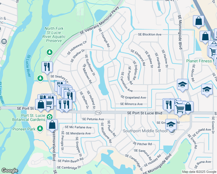 map of restaurants, bars, coffee shops, grocery stores, and more near 2202 Southeast Shipping Road in Port St. Lucie
