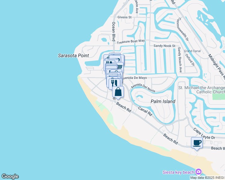 map of restaurants, bars, coffee shops, grocery stores, and more near 5246 Ocean Boulevard in Siesta Key