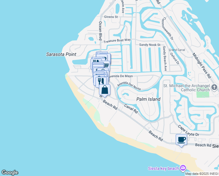 map of restaurants, bars, coffee shops, grocery stores, and more near 5235 Calle Menorca in Siesta Key