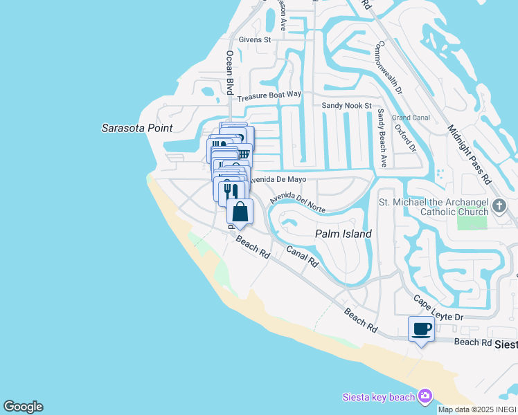 map of restaurants, bars, coffee shops, grocery stores, and more near 5235 Calle Menorca in Siesta Key