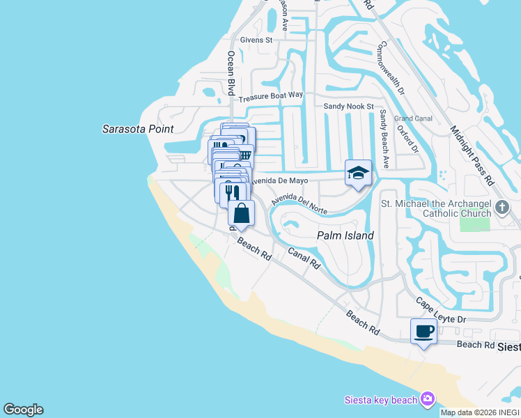 map of restaurants, bars, coffee shops, grocery stores, and more near 5235 Calle Menorca in Siesta Key