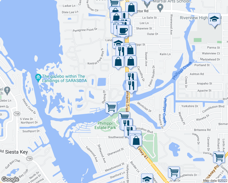 map of restaurants, bars, coffee shops, grocery stores, and more near 5591 Cannes Circle in Sarasota
