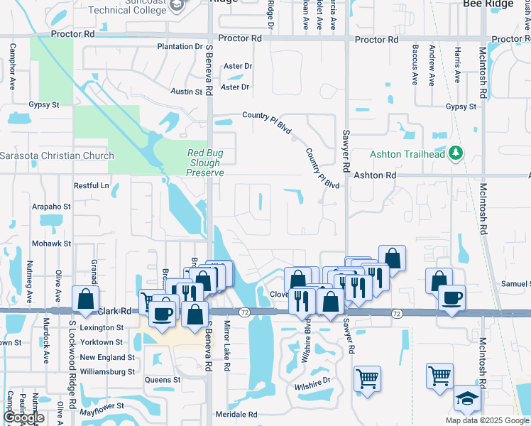 map of restaurants, bars, coffee shops, grocery stores, and more near 5535 Beneva Woods Circle in Sarasota