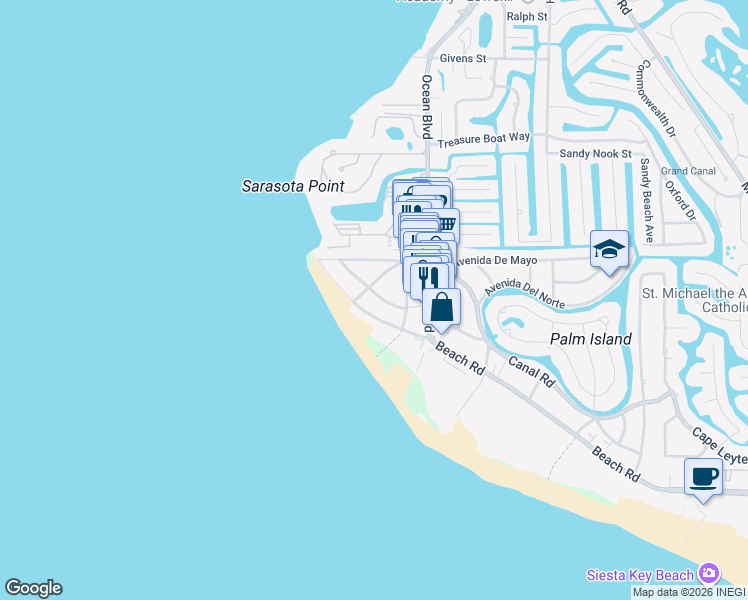 map of restaurants, bars, coffee shops, grocery stores, and more near 110 Avenida Veneccia in Siesta Key