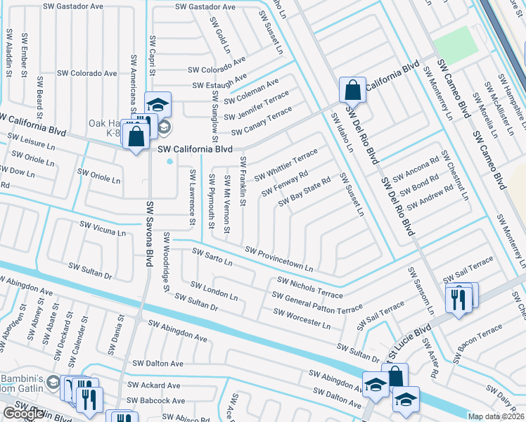 map of restaurants, bars, coffee shops, grocery stores, and more near 1038 Southwest Fenway Road in Port St. Lucie
