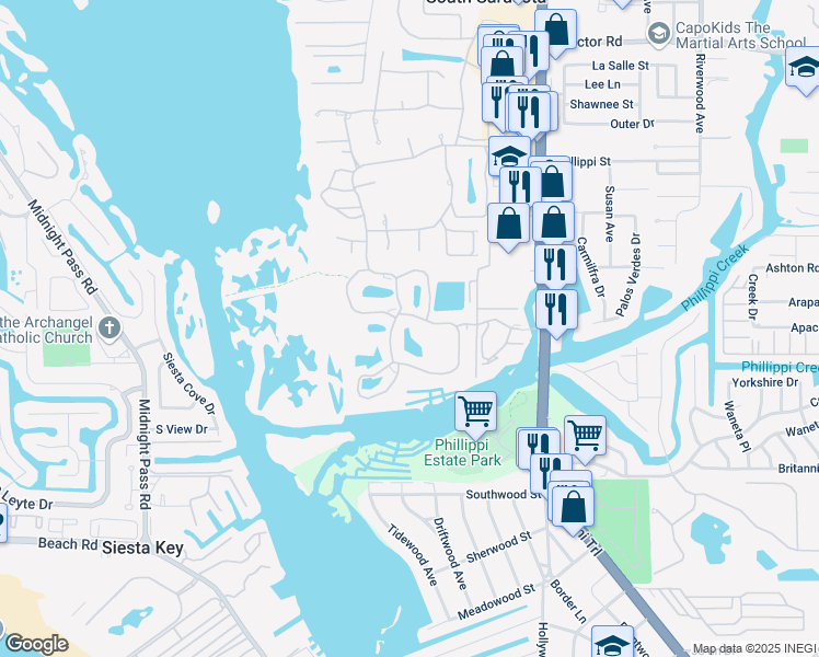 map of restaurants, bars, coffee shops, grocery stores, and more near 5327 Landings Boulevard in Sarasota