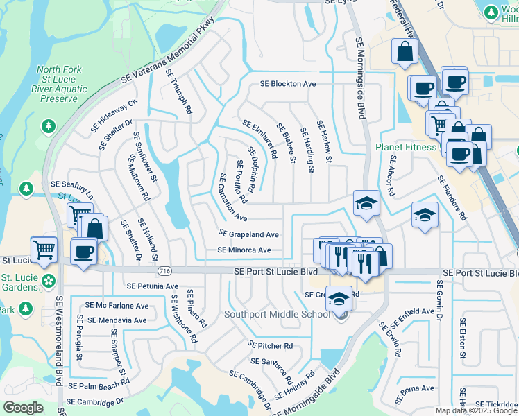 map of restaurants, bars, coffee shops, grocery stores, and more near 1542 Southeast Portillo Road in Port St. Lucie
