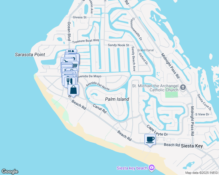 map of restaurants, bars, coffee shops, grocery stores, and more near 615 Avenida Del Norte in Siesta Key
